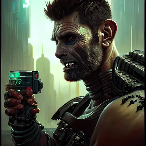 Image similar to portrait painting of a cyberpunk orc mercenary muscular david tennant, ultra realistic, concept art, intricate details, eerie, highly detailed, photorealistic, octane render, 8 k, unreal engine. art by artgerm and greg rutkowski and charlie bowater and magali villeneuve and alphonse mucha