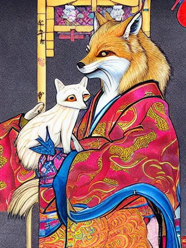 Image similar to photorealistic full - color fantasy illustration a beautiful japanese kitsune goddess who is partially transforming into an anthropomorphic fox, in an inari shinto shrine in kyoto. highly - detailed professional art.