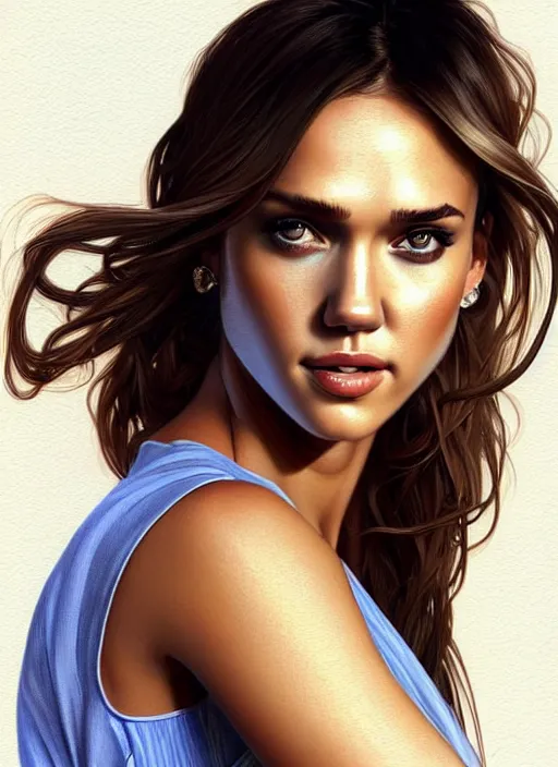 Image similar to portrait of woman who is a mix between jessica alba and megan fox, in a short blue and white dress, no shoes, intricate, full body shot, highly detailed, digital painting, artstation, concept art, sharp, smooth, crisp focus, cinematic lighting, illustration, art by artgerm and greg rutkowski, alphonse mucha, cgsociety