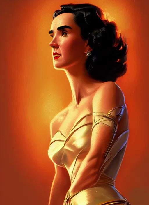 Image similar to portrait of 1 9 5 0 s darna, jennifer connelly, intricate, elegant, glowing lights, highly detailed, digital painting, artstation, glamor pose, concept art, smooth, sharp focus, illustration, art by wlop, mars ravelo and greg rutkowski