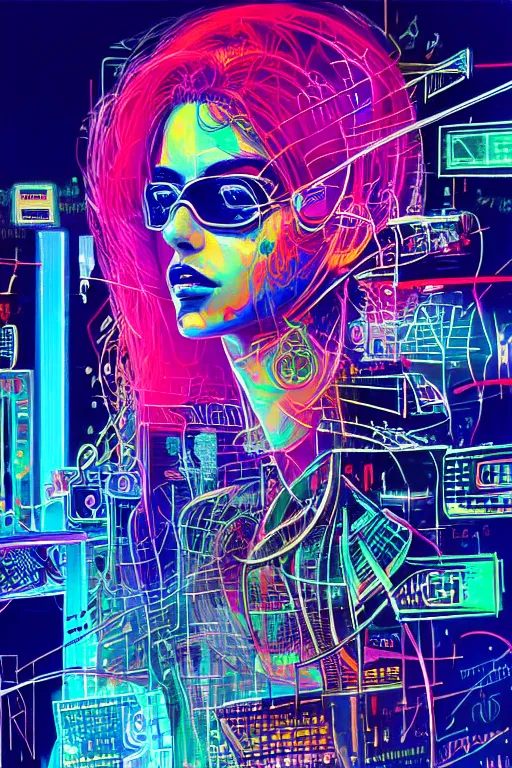 Image similar to dreamy cyberpunk girl, abstract smoke neon, digital nodes, computer network, beautiful woman, detailed acrylic, grunge, intricate complexity, by dan mumford and by alberto giacometti, jean - michel basquiat