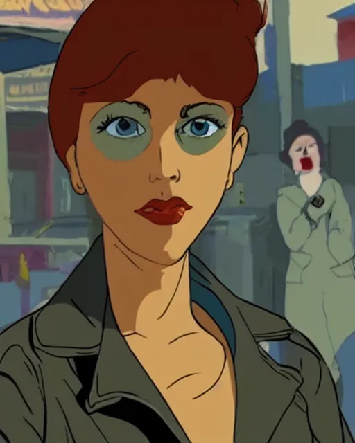 Prompt: portrait of an attractive young female protagonist wearing leather jacket, center focus, in city street, frank miller, ralph bakshi