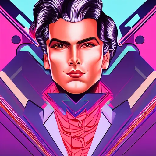 Image similar to a stunning glamor profile portrait of an art deco synthwave man, 80s nostalgia, by Evelyn De Morgan and Ross Tran, rossdraws