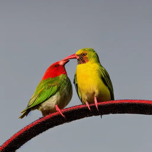 Prompt: red, yellow, and green birds sitting on a power line