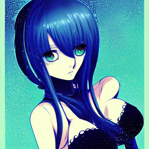 Prompt: beautiful seductive slime - girl, in the rain, highly detailed, painting, dark blue and black color palette, intricate, high quality anime artstyle, in the style of ilya kuvshinov