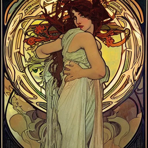 Prompt: persephone in hell, painted by alphonse mucha