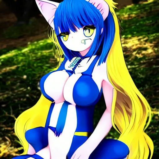 Image similar to anime cat girl with yellow hair and blue eyes