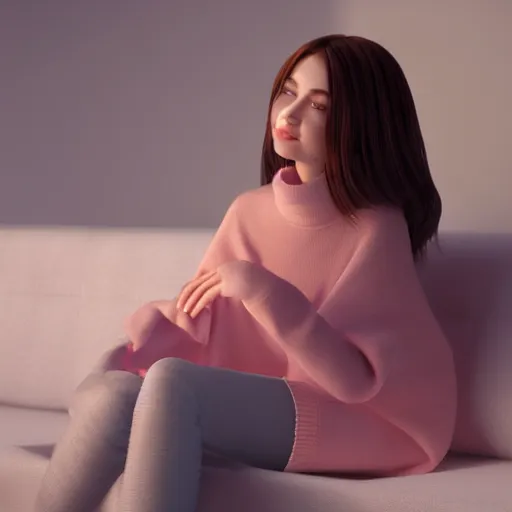 Image similar to 3 d render of a cute thin young woman, red blush, wearing casual clothes, small smile, relaxing on a couch, cuddling up under a blanket, cozy living room, medium shot, 8 k, octane render, trending on artstation, art by artgerm, unreal engine 5, hyperrealism, hyperdetailed, ultra realistic