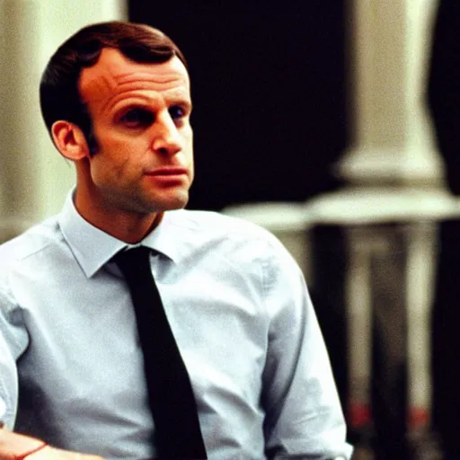 Image similar to Emmanuel Macron wearing snickers in American Psycho (1999)