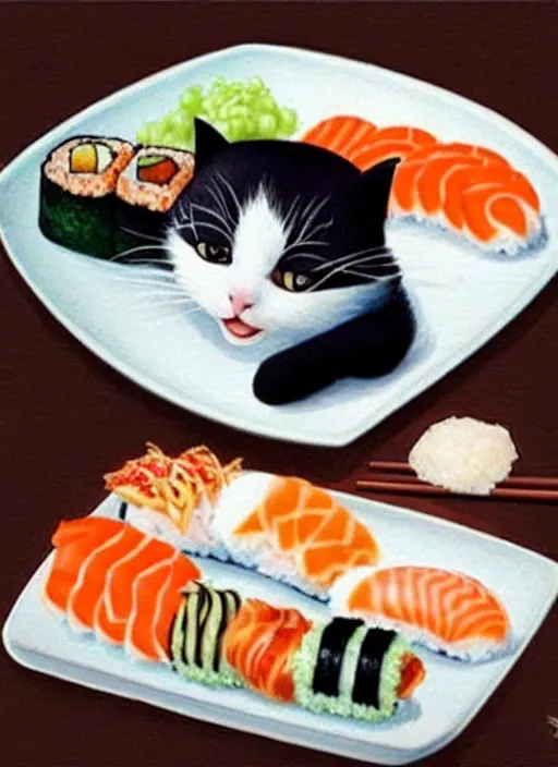 Image similar to clear photorealistic picture of adorable cats made out of sushi