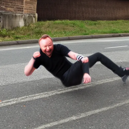 Image similar to Limmy in a bike crash falling off his bike, photorealistic,