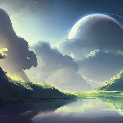 Image similar to landscape painting of a beautiful planet. clean sharp digital art, environment concept art, by rossdraws, ghibli, art by greg rutkowski