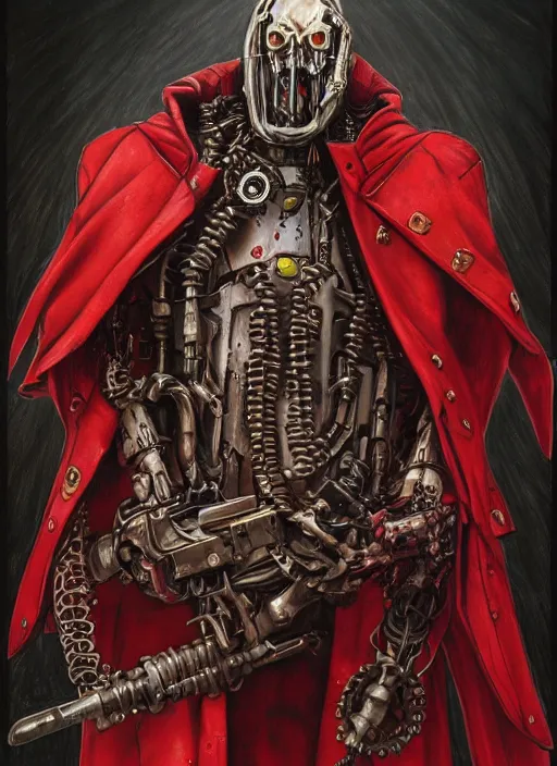 Image similar to portrait of rotten Nicolas Cage as adeptus mechanicus in red hood and robe from Warhammer 40000, mechanical tentacles. Highly detailed, artstation, illustration by and John Blanche and zdislav beksinski and wayne barlowe