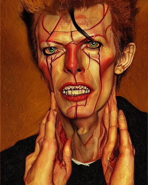 Prompt: portrait of david bowie as the devil by greg rutkowski in the style of egon schiele