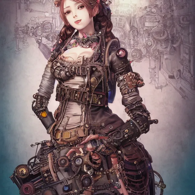 Image similar to the portrait of true neutral semi - colorful female steampunk mechanist as absurdly beautiful, gorgeous, elegant, young gravure idol, an ultrafine hyperdetailed illustration by kim jung gi, irakli nadar, intricate linework, bright colors, octopath traveler, final fantasy, unreal engine 5 highly rendered, global illumination, radiant light, detailed and intricate environment