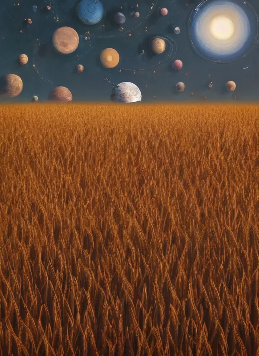 Image similar to breathtaking detailed art landscape a wheat field at sunset with planets on the horizon, by Hsiao-Ron Cheng, James jean, Miho Hirano, Hayao Miyazaki, extremely moody lighting, Black paper, cut paper texture, Full of light-blue and silver and white layers, 8K, intricate detail, cgsociety, hyperrealistic, octane render, RPG portrait, ambient light, dynamic lighting