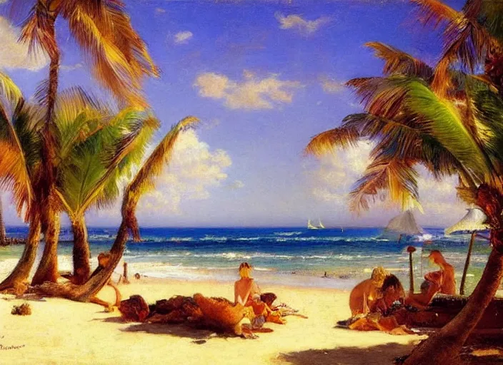 Prompt: a beautiful tropical beach with palm trees by alexander averin and delphin enjolras