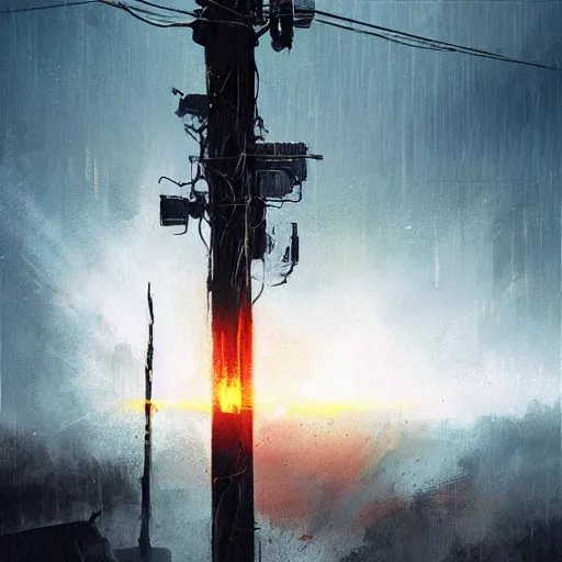 Image similar to lightning striking a telephone pole, dramatic lighting, illustration by Greg rutkowski, yoji shinkawa, 4k, digital art, concept art, trending on artstation