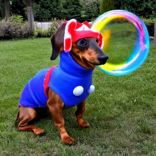 Prompt: photo a dachshund wearing a hot dog outfit, blowing soap bubbles, doing tricks, award winning