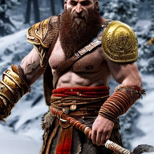 Image similar to highly detailed concept art golden god of war kratos beard strong viking old golden armor in snow walking 8 k, unreal engine 5