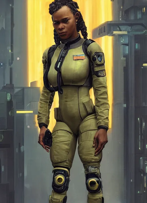 Image similar to Sgt. Sonya Igwe. Strong cyberpunk female USN marine wearing a military vest and military cyberpunk exo-suit (cyberpunk 2077, bladerunner 2049). gorgeous face. Iranian orientalist portrait by john william waterhouse and Edwin Longsden Long and Theodore Ralli and Nasreddine Dinet, oil on canvas. Cinematic, hyper realism, realistic proportions, dramatic lighting, high detail 4k