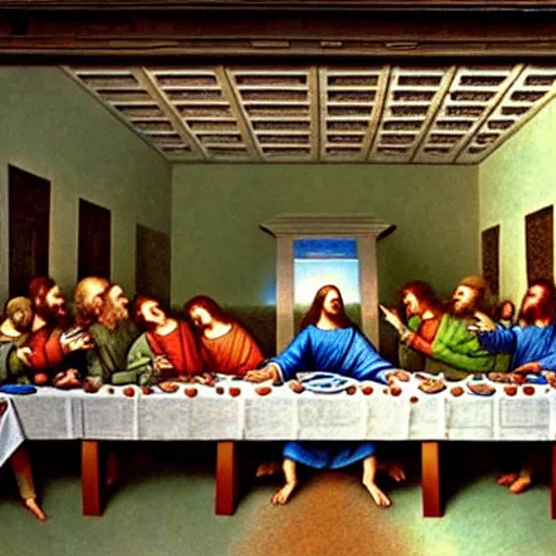 Prompt: the last supper but the people are all goblins, painting