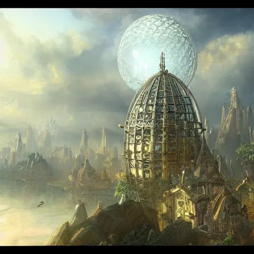 Image similar to enormous flying city in a faberge egg, sky, steampunk, fantasy art, masterpiece, hugh ferriss, unreal engine, andreas achenbach cloudy background, latticework