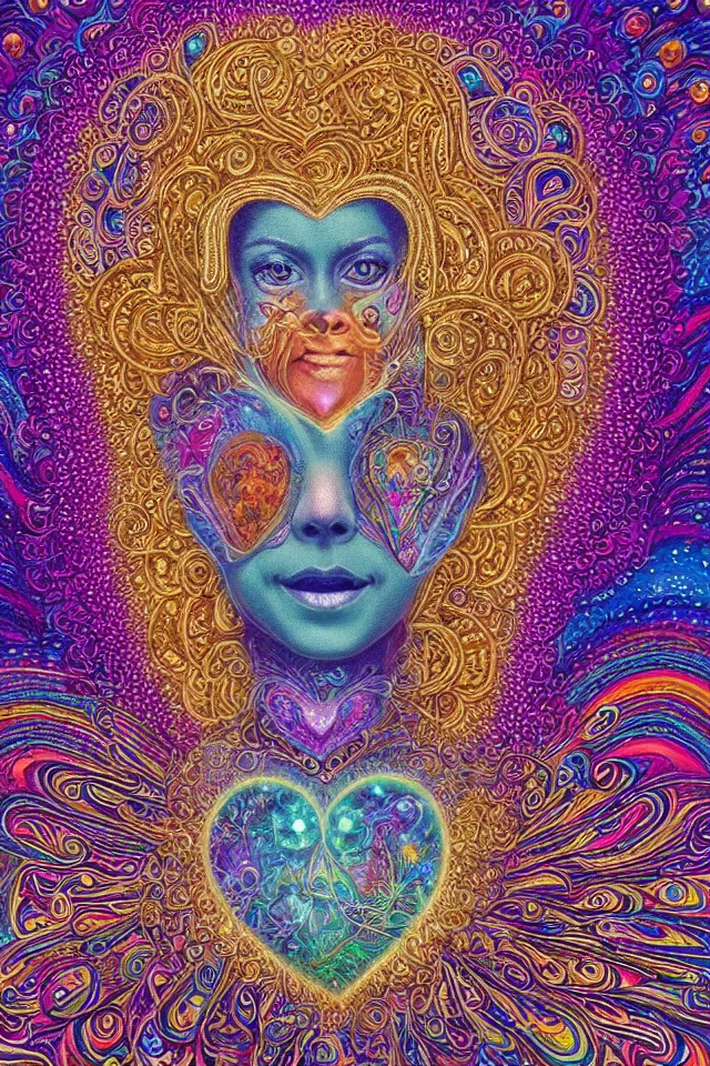 Image similar to a happy beautiful wise spirit goddess in the shape of a heart, meditation, 3 2 k resolution, good vibes, perfect lighting, billions of details, made out of small cubes of love, pointillism, fabric embroidery, stunning psychedelic artwork, android jones, chris dyer, alex grey, trending on artstation, award winner