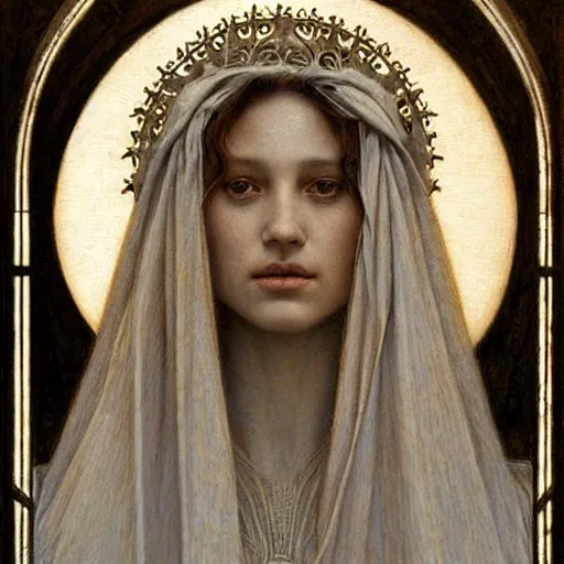 Image similar to detailed realistic beautiful young medieval queen face portrait by jean delville and marco mazzoni, art nouveau, symbolist, visionary, gothic, pre - raphaelite