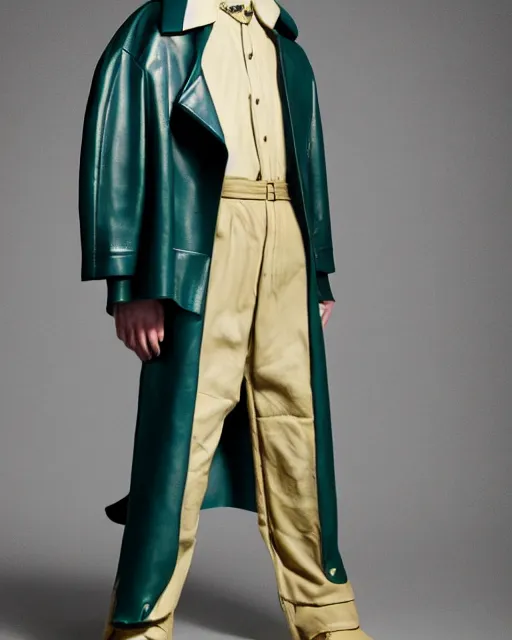 Prompt: an award - winning editorial photo of a teal extremely baggy cropped short ancient medieval designer menswear leather police jacket with an oversized large collar and baggy bootcut trousers designed by alexander mcqueen, 4 k, studio lighting, wide angle lens