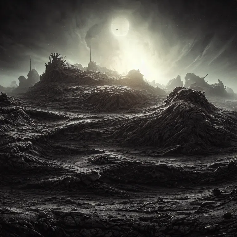 Image similar to landscape abandoned alien structure on exoplanet, wrecked technology, dark clouds, surreal abandoned buildings, dream-like heavy atmosphere, baroque painting, beautiful detailed intricate insanely detailed octane render trending on Artstation, 8K artistic photography, photorealistic, dramatic volumetric cinematic light, chiaroscuro, award-winning photograph, masterpiece, Raphael, Caravaggio, Beksinski, Giger