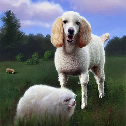 Prompt: dog barking at sheep realistic painting