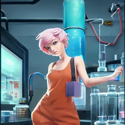 Image similar to British Pokemon original character with wild peach colored hair and heterochromia, Pixar style, beautiful woman, scientist, standing in a lab in front of a giant containment liquid filled tank, by Tristan Eaton Stanley Artgerm and Tom Bagshaw, Makoto Shinkai ilya kuvshinov and Wojtek Fus