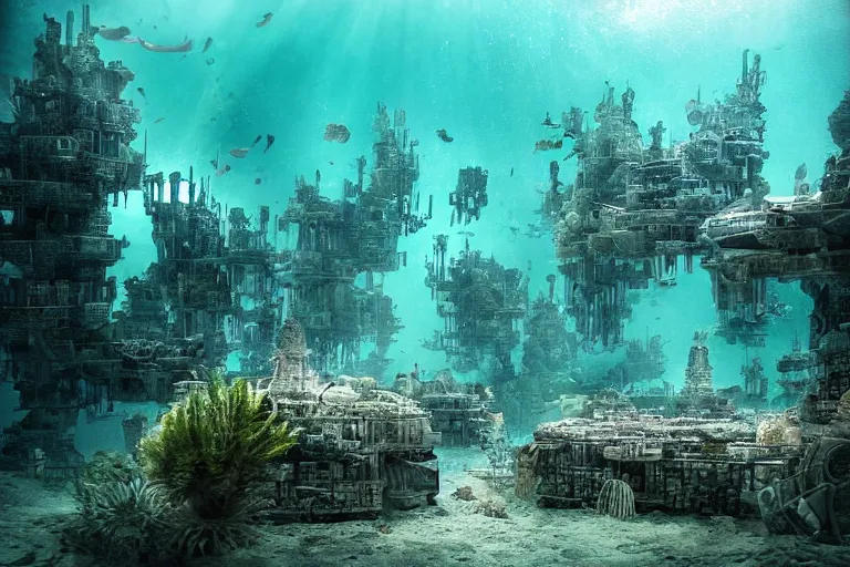 Image similar to underwater city, photograph,