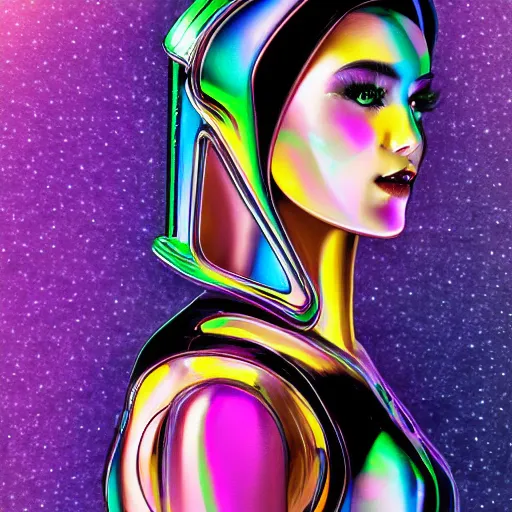 Prompt: portrait of a beautiful android woman, futuristic, chrome and colorful,
