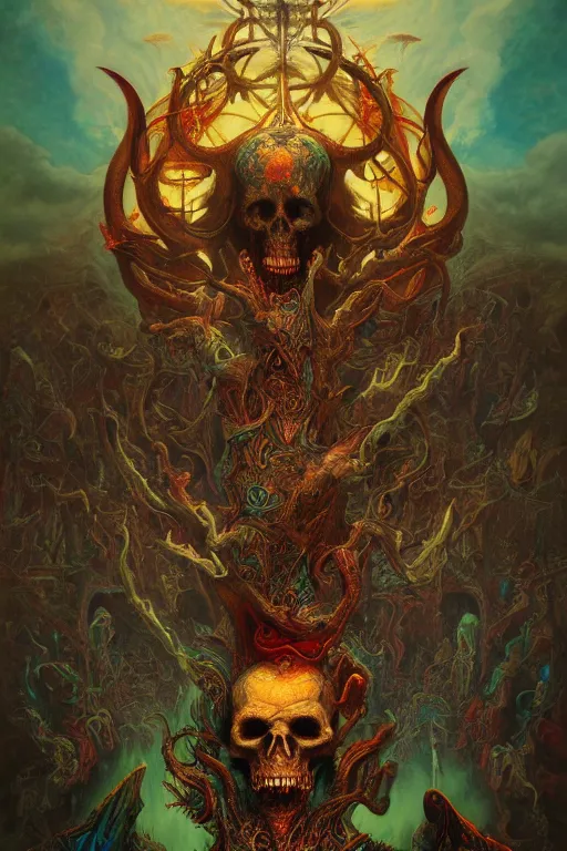 Image similar to gigantic psychedelic demonic skull lord of death and fire, fantasy painting, ultra realistic, wide angle, art nouveau, intricate details, rainbowshift, vivid colors, highly detailed by peter mohrbacher, h. r. giger, maxfield parrish, gustave dore, craig mullins, octane render, cgi