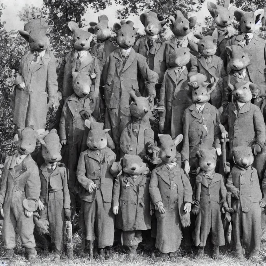 Image similar to a group of badgers in 1 9 4 0 s suits, standing upright like people, anthropomorphic, style of beatrix potter, rendered as a highly detailed photograph