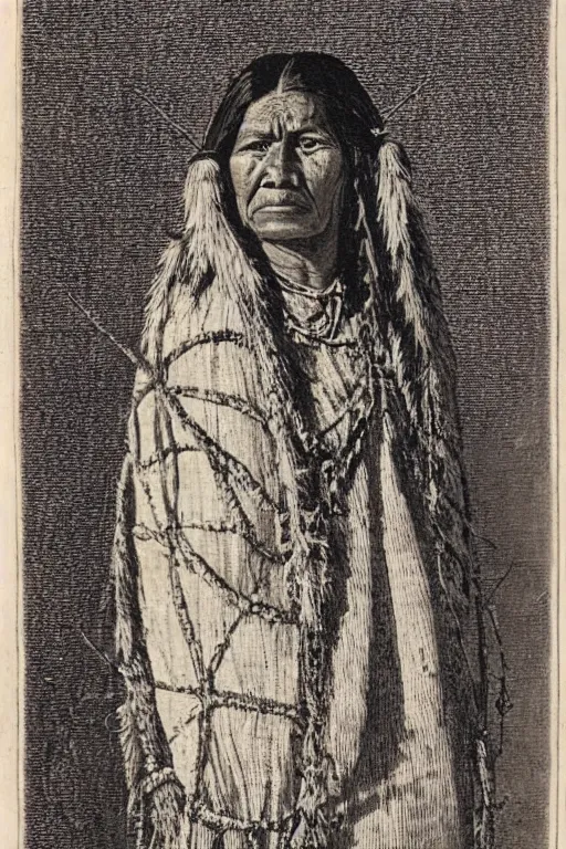 Image similar to “19th century wood engraving of a Native American indian woman, portrait, Nanye-hi Beloved Woman of the Cherokee, wearing a papoose showing pain and sadness on her face, ancient”