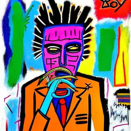 Prompt: colorful odd colors detailed abstract neo expressionism chaotic oil painting of sad boy business man depressed with tattoos by basquiat