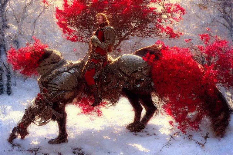 Image similar to winter, a male warrior wearing armor relaxing under a huge tree with red flowers, ground covered with snow, extreme long shot, fantasy, painting by gaston bussiere, craig mullins, j. c. leyendecker, trending on artstation