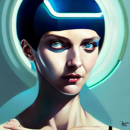 Image similar to woman with dark bobcut haircut with friendly blue eyes and slim features looking askance, eye cyberpunk bionics, retro futurist style, intricate, elegant gleaming jewelry, angelic halo, highly detailed, digital painting, artstation, concept art, smooth, sharp focus, illustration, art by wlop, mars ravelo and greg rutkowski,