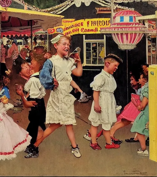 Prompt: kids wandering through a carnival, all ignoring the rides and playing on their phones instead, by Norman Rockwell 🖼-W 1024