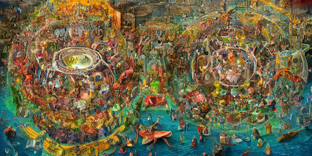 Prompt: living valve body megastructure in the style of heironymus bosch, colorful intricate masterpiece, hyper detailed, hd