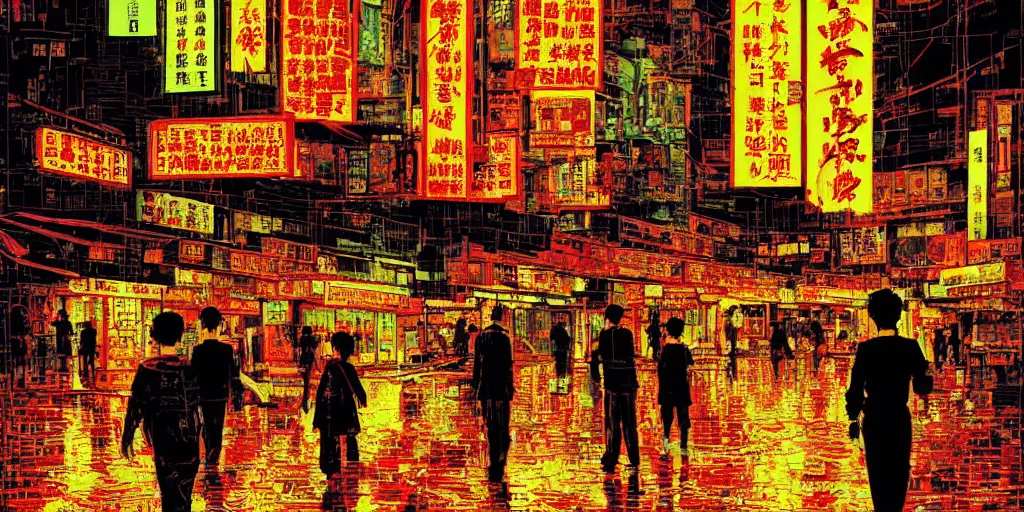 Prompt: artwork of a hong kong street, wong kar - wai, by dan mumford and toshi yoshida and peter doig, vintage scifi, highly detailed, dramatic lighting, 8 k