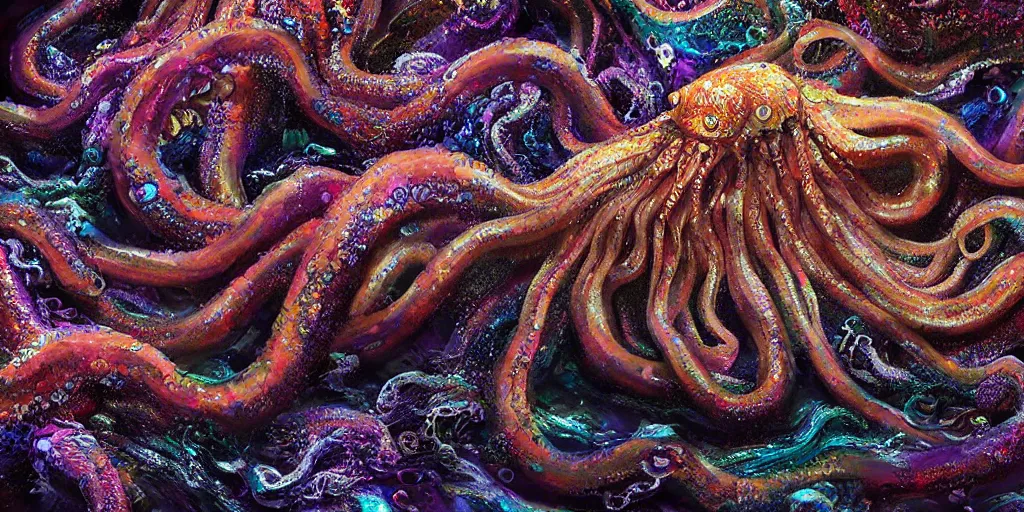 Prompt: giant wet glistening medusa octopus chimera, dripping mucus from its transparent quivering flesh, detailed multicoloured scales and feathers, ocean, storm, mist, moody, low key dramatic lighting, octane render, in the style of sam shearon, clean digital art trending on art station