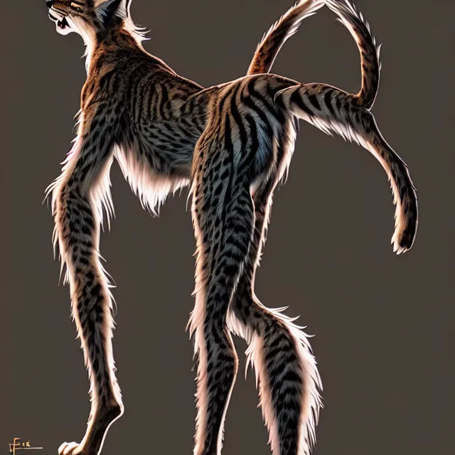 Image similar to the full body of anthropomorphic lynx fursona from behind wearing a steampunk suit as unimaginably beautiful, gorgeous, elegant, young woman with lynx head, an ultrafine hyperdetailed illustration by furaffinity, intricate linework, white fur, unreal engine 5 highly rendered, global illumination, radiant light, detailed and intricate environment