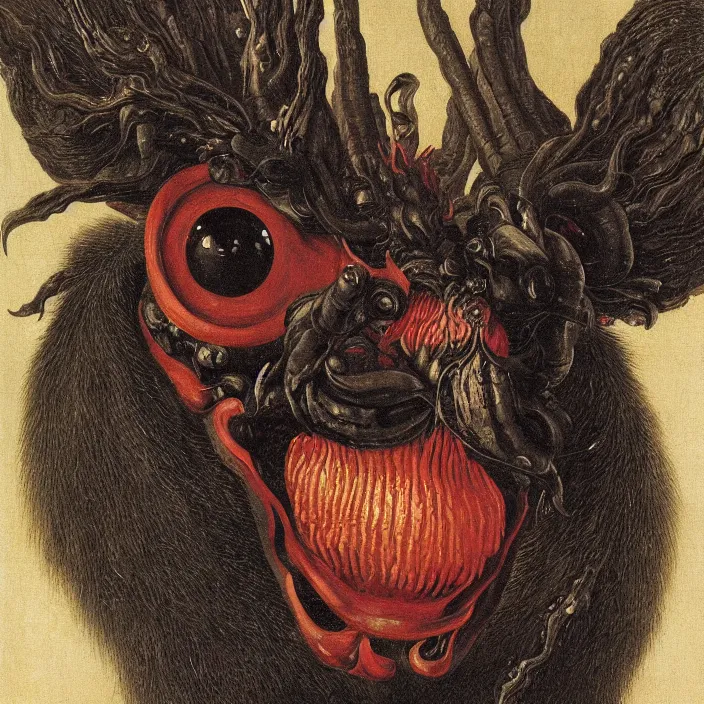 Image similar to close up portrait of a mutant monster creature with giant flaming protruding eyes bulging out of their eye sockets, exotic black orchid - like mouth, insect antennae by jan van eyck, audubon