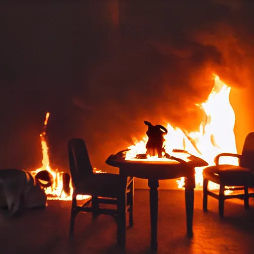 Image similar to a photograph of a big fire on a dining room on fire, only remains a wooden table and a chair, an human-like relaxed dog sitting at this table, ☕ on the table, surrounded by flames, a lot of flames behind the dog, black smoke instead of the ceiling