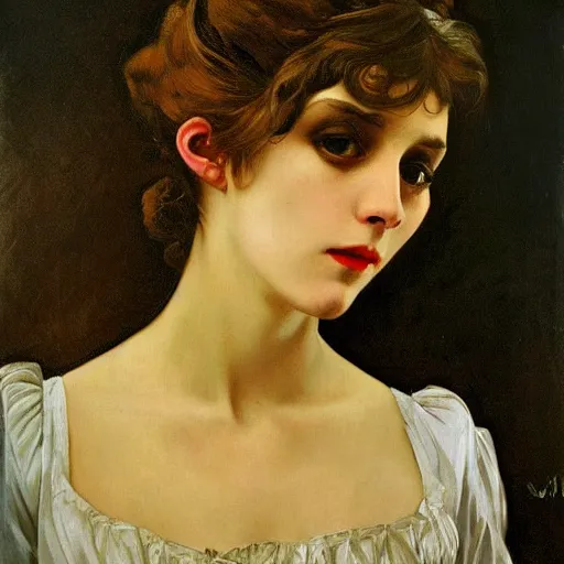 Prompt: A beautiful painting of a lady vampire, victorian, ominous, oil on canvas, photorealism, alphonse mucha, caravaggio, high definition, soft light