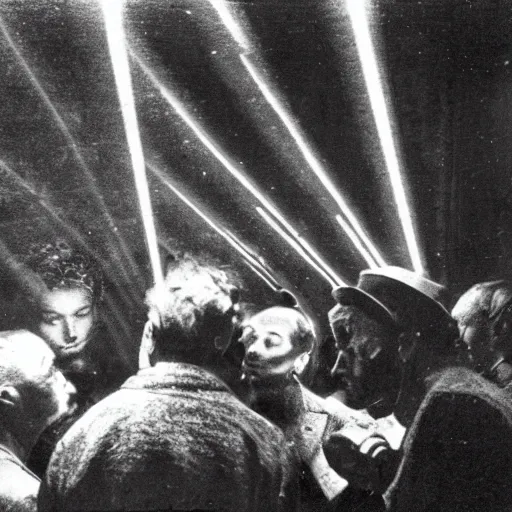 Prompt: a group of people in a dark room. The only source of light is a small window in the corner. The people are all looking at something outside of the art installation. islandpunk by Oskar Fischinger, by Jim Lee soft, dignified